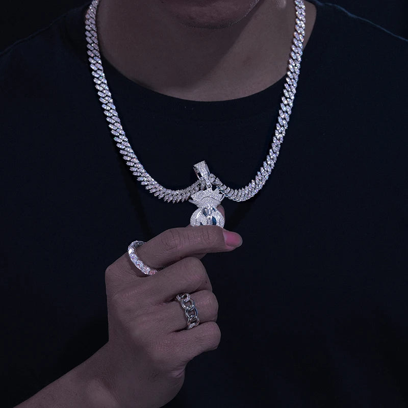 New D Color VVS Moissanite Lucky Money Bag Pendant Necklace 925 Sterling Silver Women Men's Hip Hop Rock Jewelry Rich Jewelry