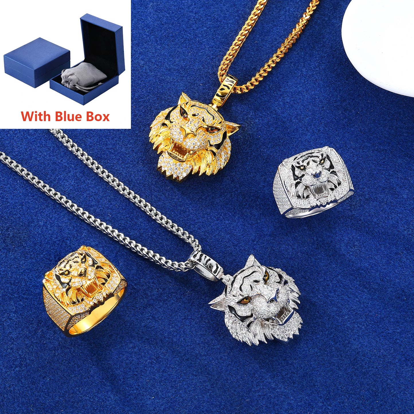 Hip Hop Full Moissanite Tiger Pendant Necklace Ring for Women Men 925 Silver Unisex Tiger Animal Luxury Jewelry Set Gifts Box