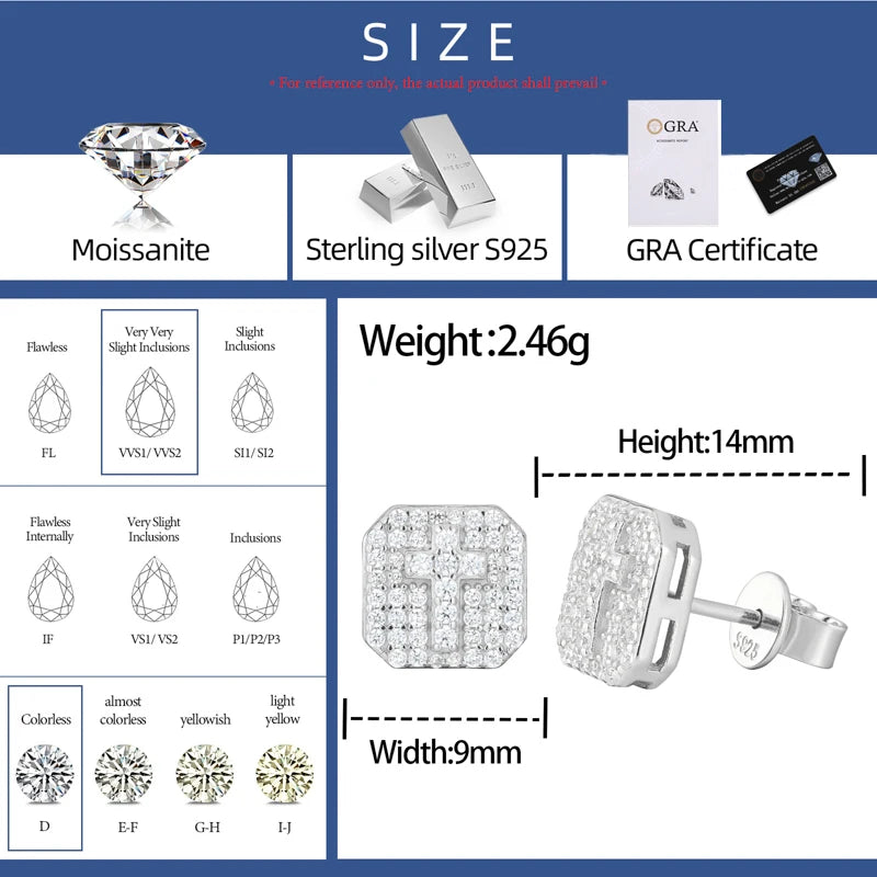 D VVS Round Moissanite Square Cross Stud Earrings for Women/Men 925 Sterling Silver Fine Wedding Jewelry Gift With Certified By GRA