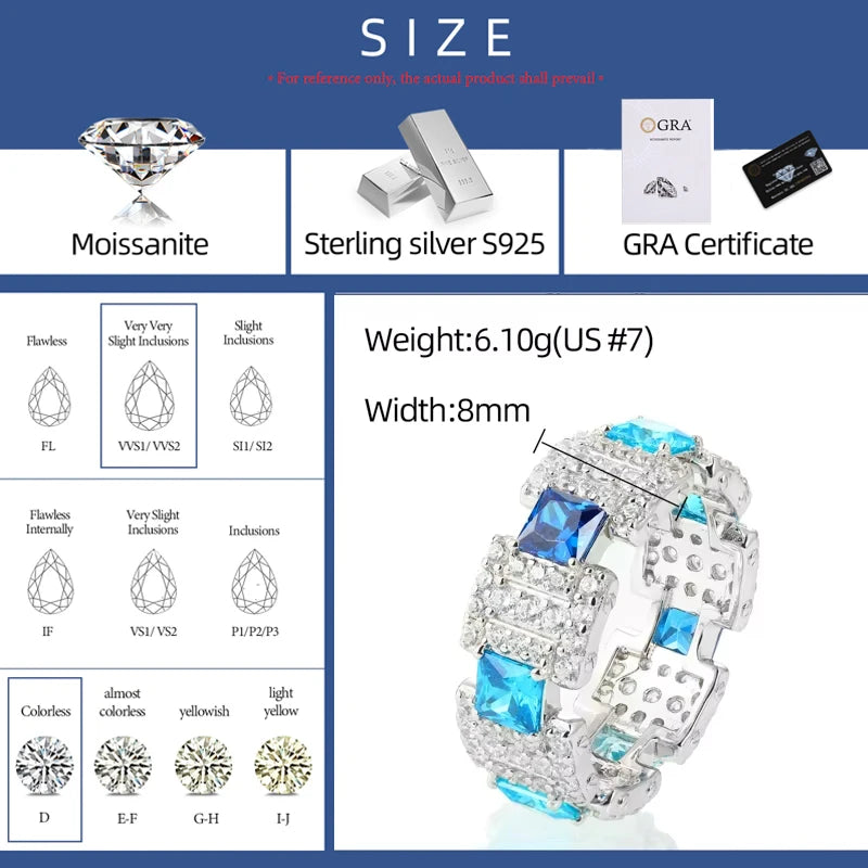 New Exquisite Gradient Blue Rings for Men Women 100% 925 Silver GRA Certified Full Moissanite Diamond Hip Hop Band Ring Jewelry