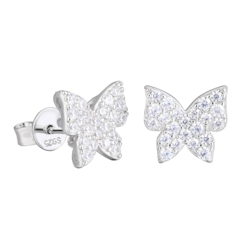 Real 925 Sterling Silver Mini Butterfly Stud Earrings For Man Woman Iced Out Moissanite Cute Fine Wedding Party Jewelry Gifts
