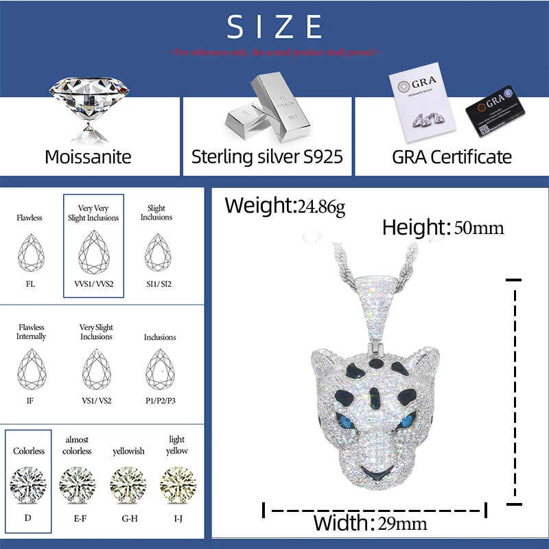 Hip Hop Bling D VVS Moissanite Leopard Pendant For Women Men 925 Sterling Silver Chain Necklace Animal Style Trend Jewelry Gifts
