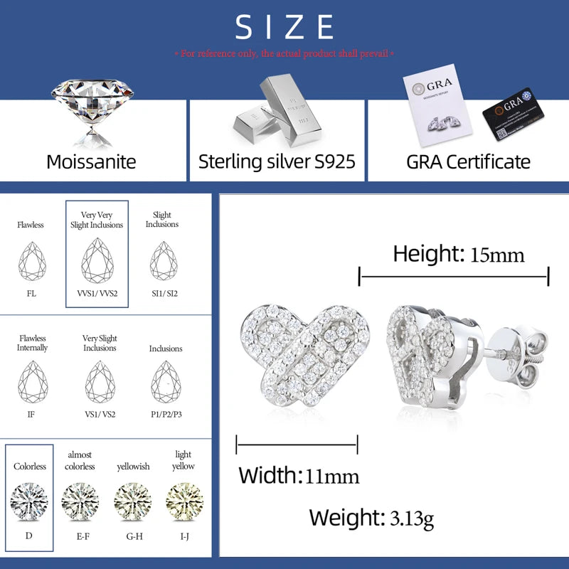 Original Design Full D VVS Moissanite Heart Stud Earrings for Women Men 925 Sterling Silver Exquisite Daily Wedding Jewelry Gift