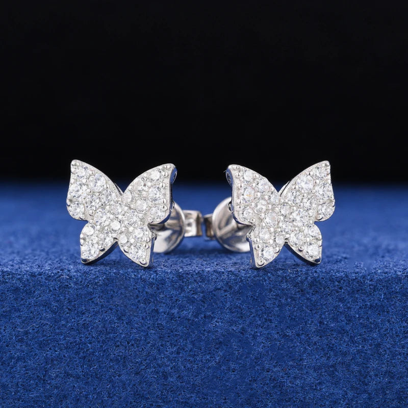 Real 925 Sterling Silver Mini Butterfly Stud Earrings For Man Woman Iced Out Moissanite Cute Fine Wedding Party Jewelry Gifts