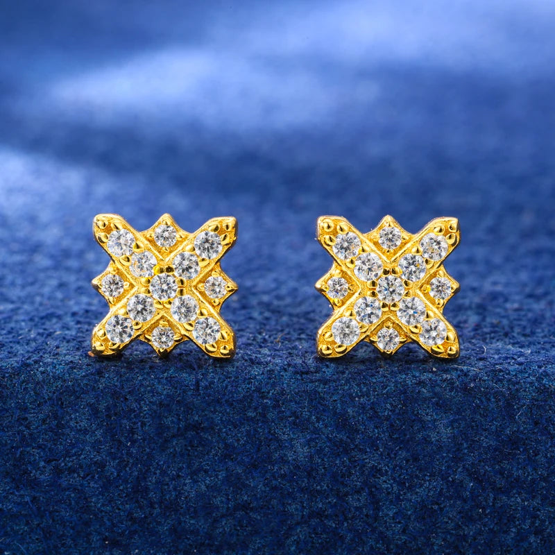 High Quality Unisex Full Ice Out Moissanite Cross Flower Stud Earring 925 Sterling Silver Plated 18K Gold Daily Ear Fine Jewelry