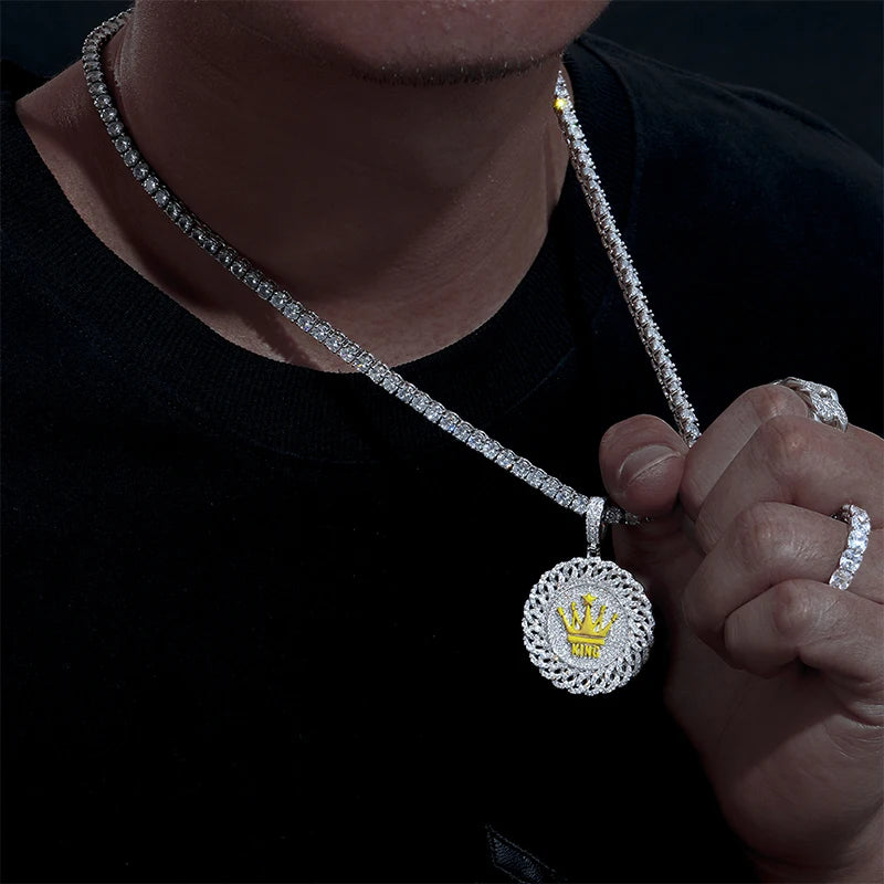 Real Moissanite Sparkling Full Diamond Round With Glowing Crown Pendant Ring Necklace Iced Out Women Men Hip Hop Jewelry Gifts
