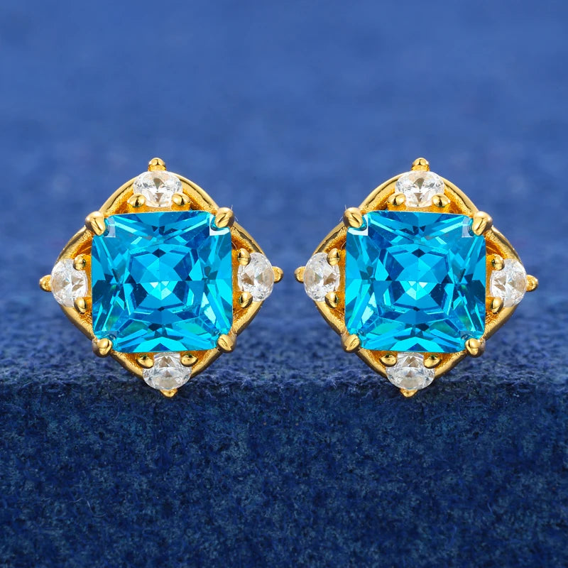 Bling 925 Sterling Silver Blue Asscher Cut Stud Earrings For Women Men Fine Hip Hop Wedding Party Ear Jewelry Accessories Gifts