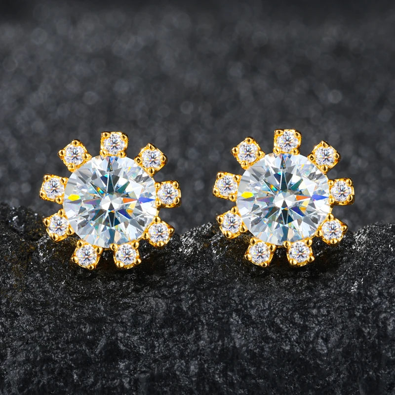 New Sparkling 1CT D VVS Moissanite Diamond Halo Sunflower Stud Earrings for Women 925 Sterling Silver Wedding Party Fine Jewelry