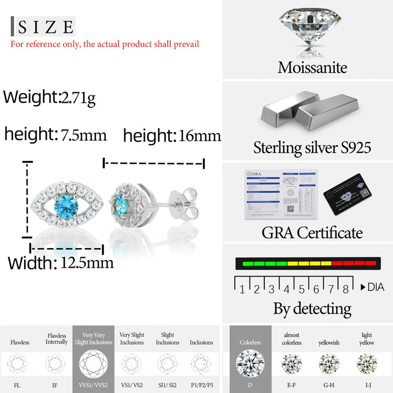 Unisex Luxury The All-Seeing Eye Earrings Moissanite S925 Silver Earring For Women Men Hip Hop Jewelry Gift