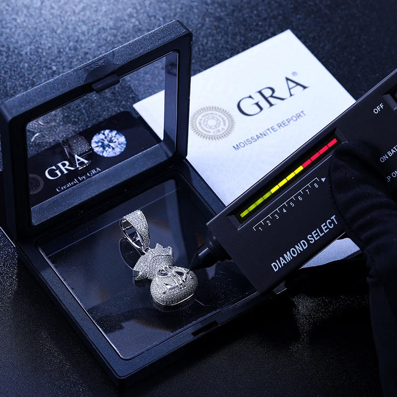 New D Color VVS Moissanite Lucky Money Bag Pendant Necklace 925 Sterling Silver Women Men's Hip Hop Rock Jewelry Rich Jewelry