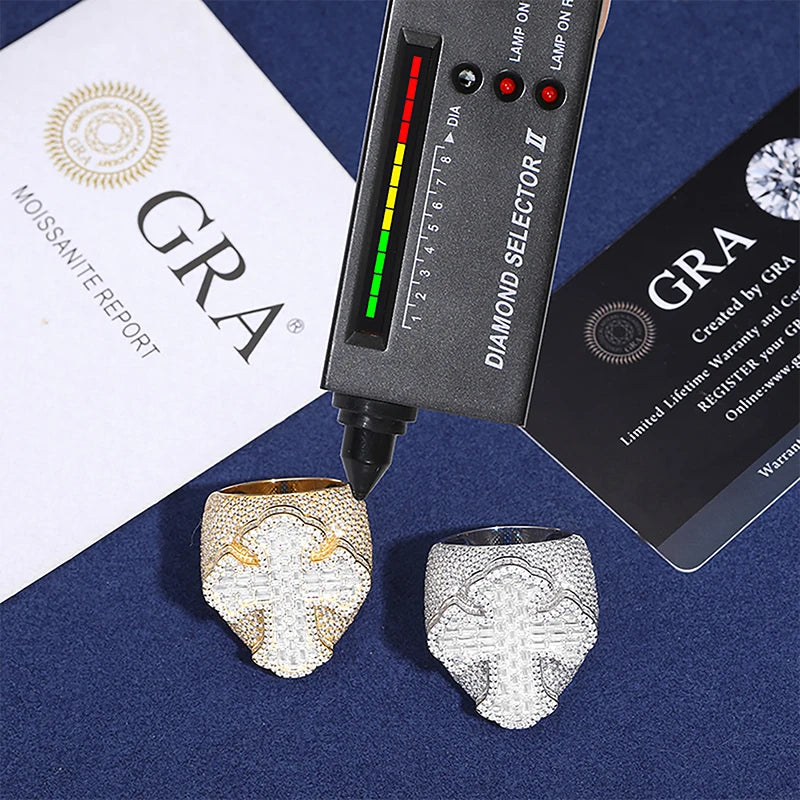 New Design Luxury Baguette Iced Out Cross Ring For Men 925 Sterling Silver Moissanite Diamond Finger Rings Hip Hop Party Jewelry