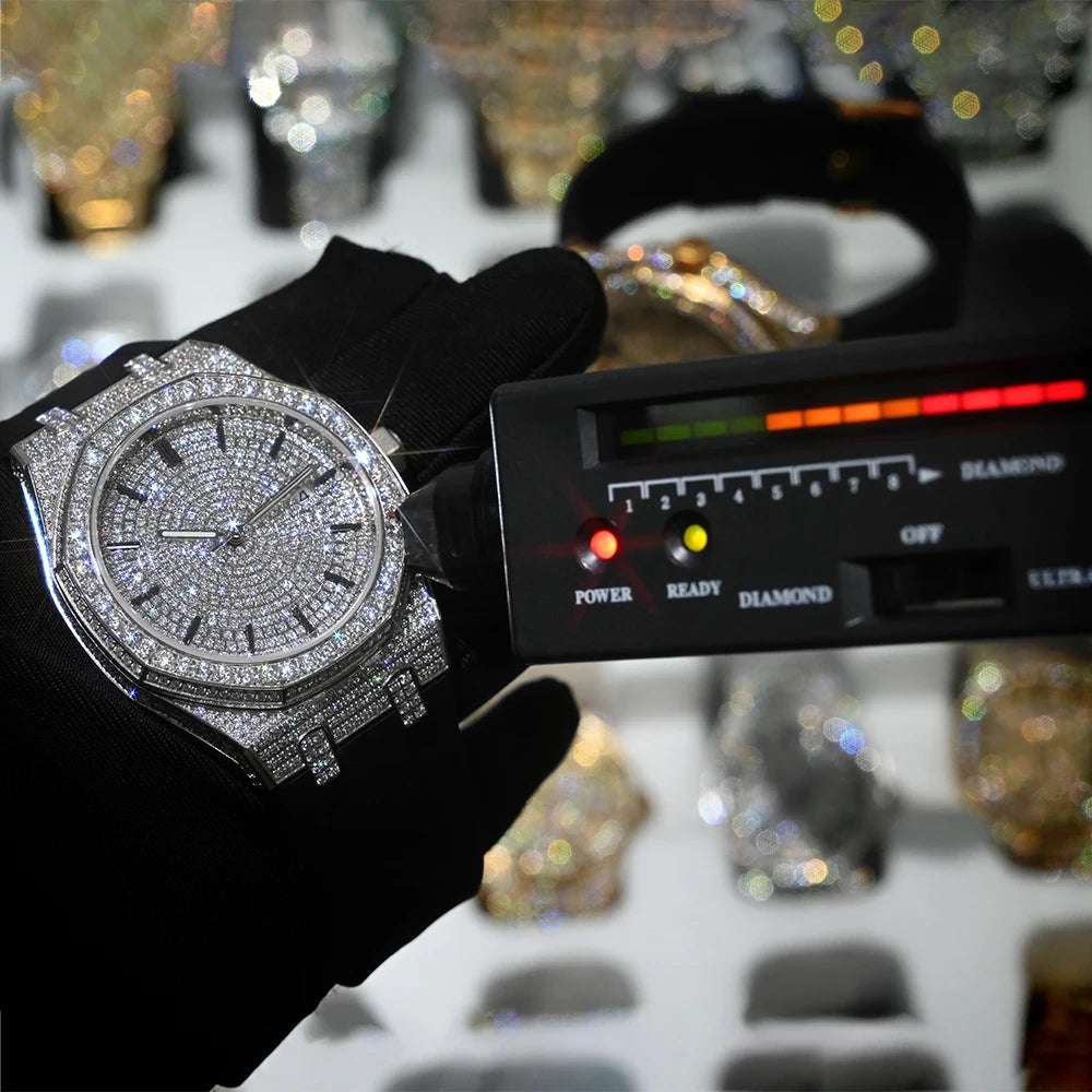 Luxury Brand Stainless Steel Automatic Mechanical Watch Hip Hop Iced Out VVS Moissanite Watch Pass Diamond Tester