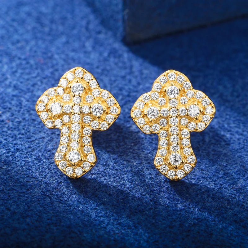 High Quality D VVS Moissanite Religious Cross Stud Earrings For Women Men 100% 925 Sterling Silver Hip Hop Wedding Party Jewelry