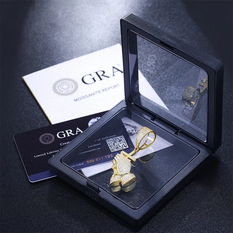 D Color Moissanite Bling Cross Pray Hand Pendant Necklace 925 Sterling Silver Hip Hop Jewelry Christmas Gift Passed Diamond Test