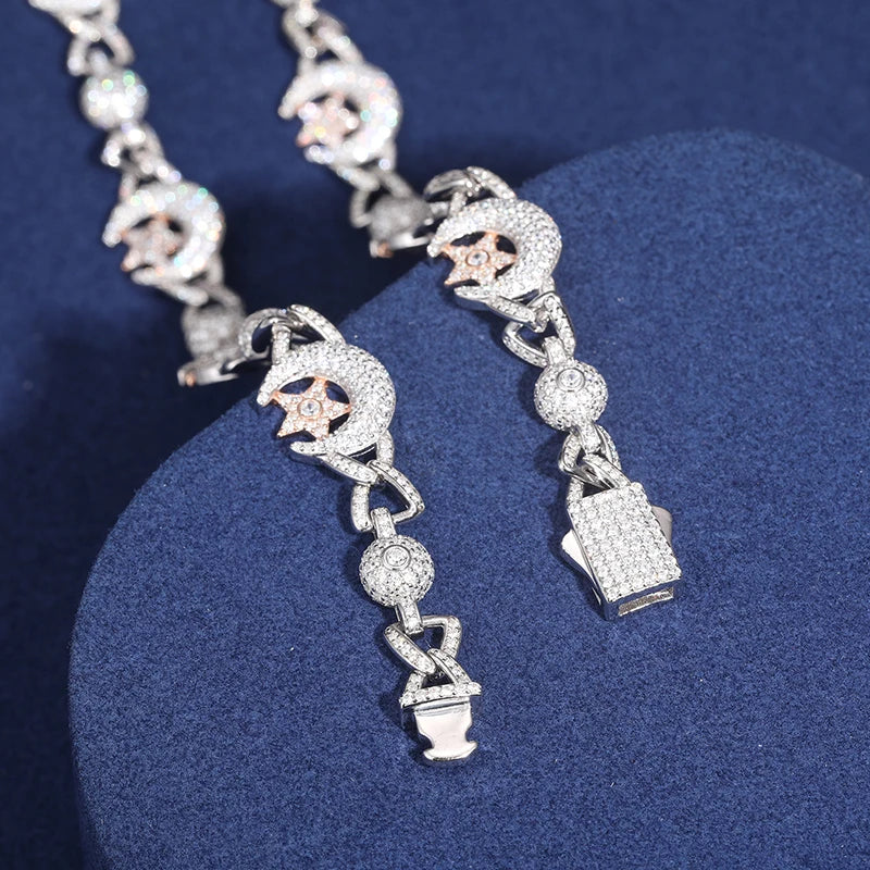 Iced Out D Color VVS1 Moissanite Moon Star Cuban Link Chain for Men Women 925 Sterling Silver Choker Necklace Hip Hop Jewelry