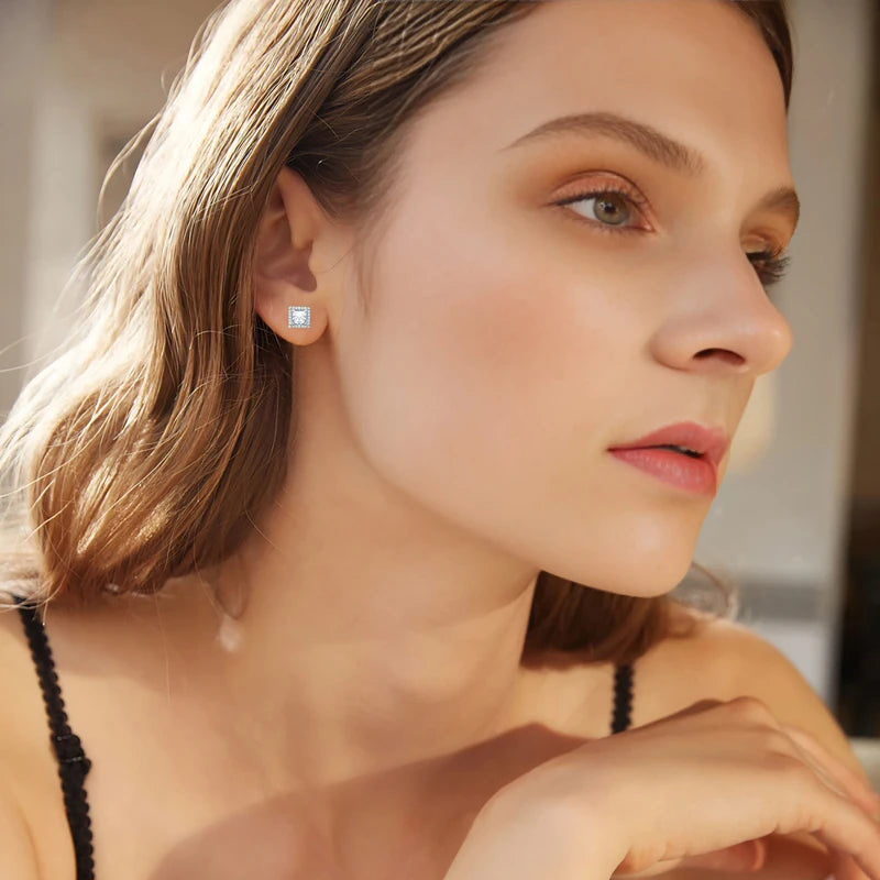 Pass Diamond Tester Moissanite Halo Stud Earrings For Woman Man 925 Sterling Silver Princess Cut Earrings Luxury Fine Jewelry