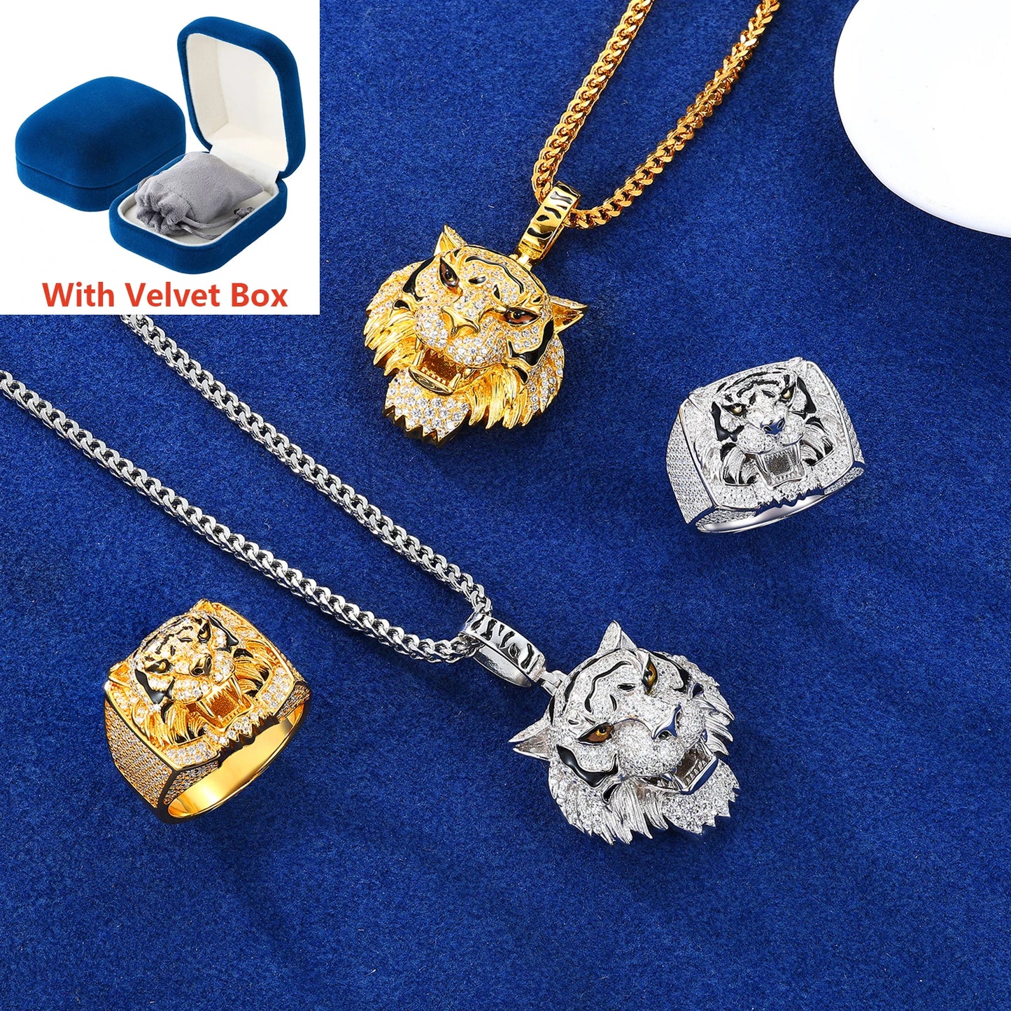 Hip Hop Full Moissanite Tiger Pendant Necklace Ring for Women Men 925 Silver Unisex Tiger Animal Luxury Jewelry Set Gifts Box