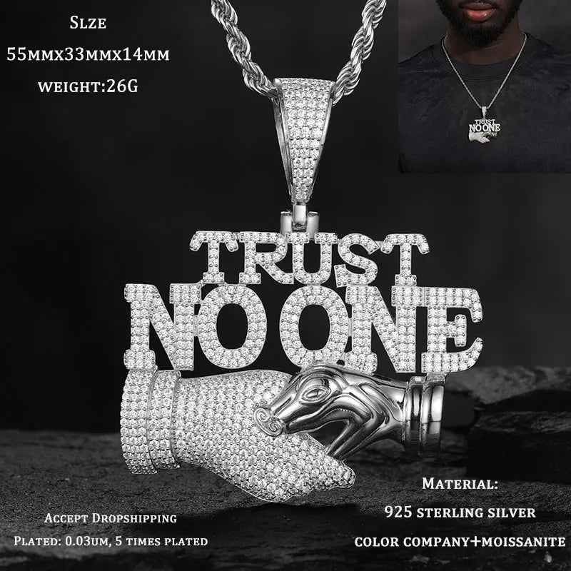Men S925 Trust No one Pendant Necklace Iced Out Moissanite Gold Silver Color Charm Hip Hop, Fine Jewelry, Gift, Party.