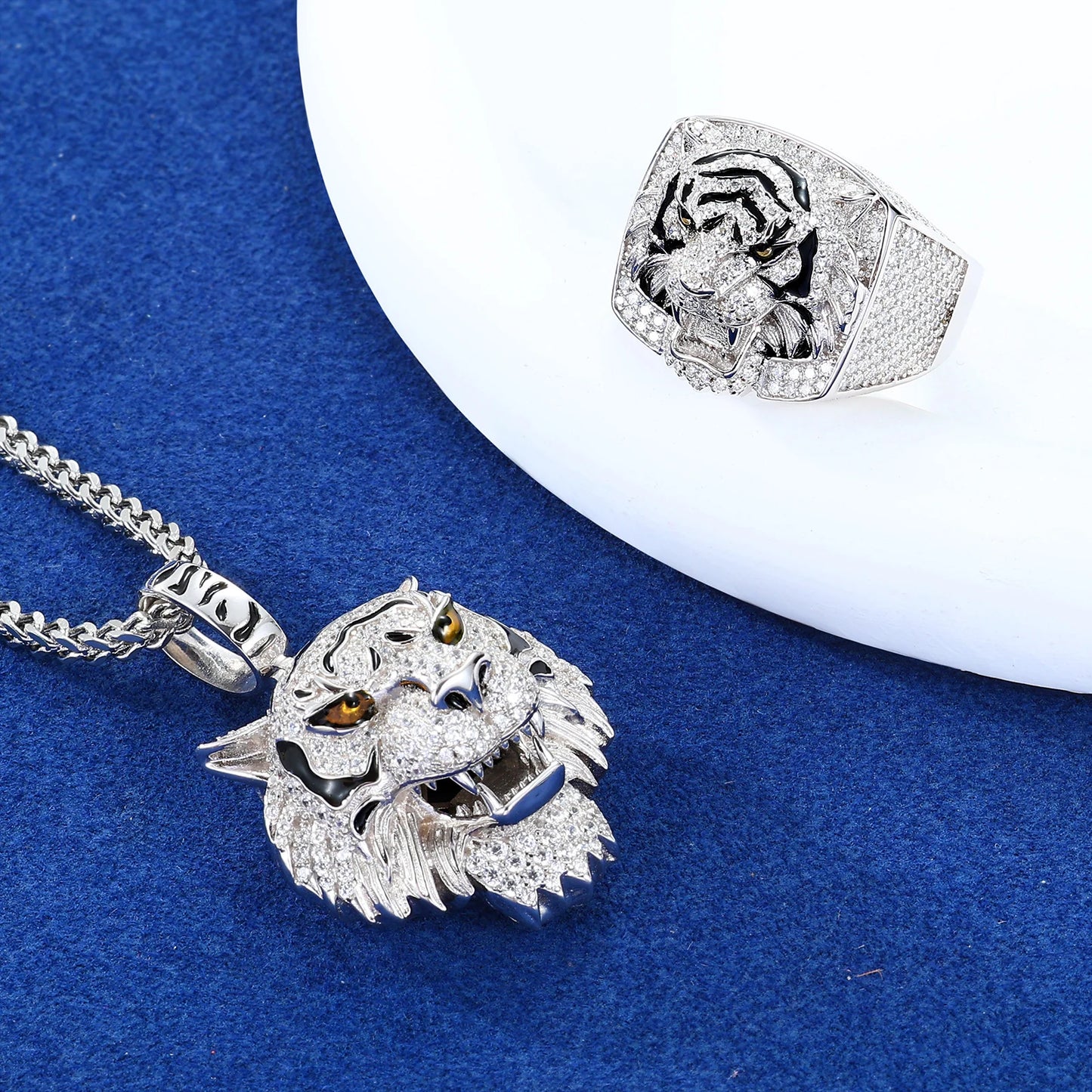 Hip Hop Full Moissanite Tiger Pendant Necklace Ring for Women Men 925 Silver Unisex Tiger Animal Luxury Jewelry Set Gifts Box