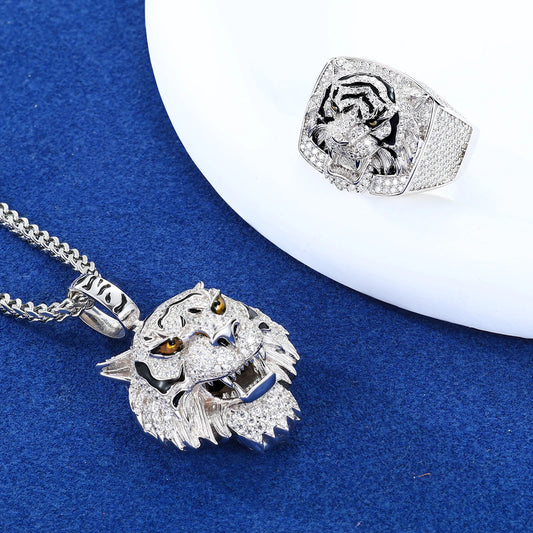 Hip Hop Full Moissanite Tiger Pendant Necklace Ring for Women Men 925 Silver Unisex Tiger Animal Luxury Jewelry Set Gifts Box