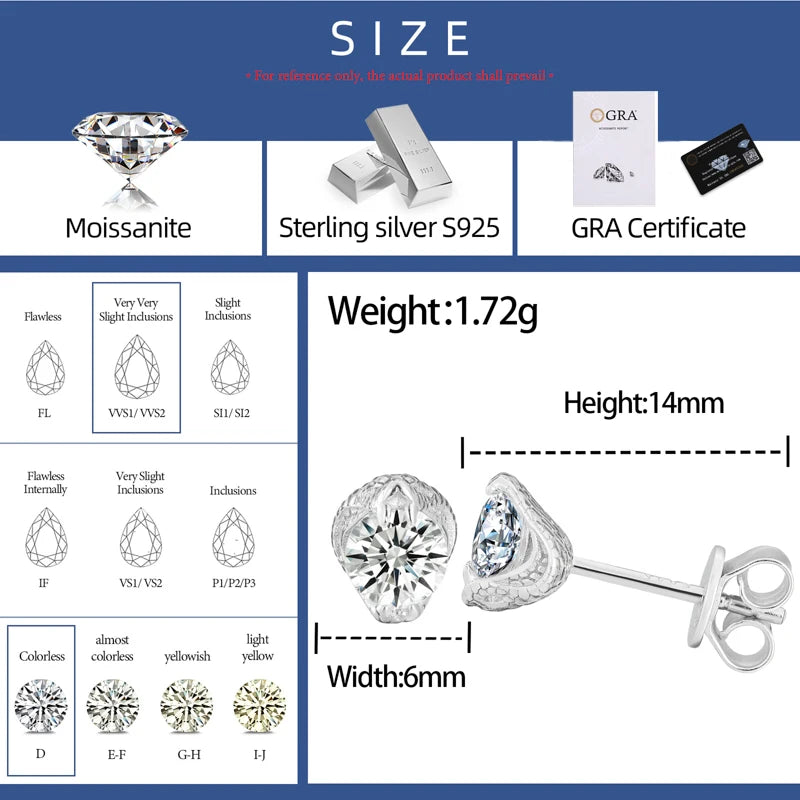 2025 925 Sterling Silver Moissanite Snake Stud Earrings For Women Men Luxury Jewelry Ear Accessories 4MM Iced Out Wedding Party
