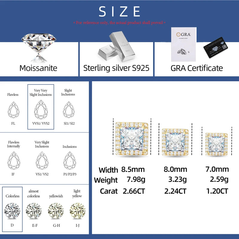 Pass Diamond Tester Moissanite Halo Stud Earrings For Woman Man 925 Sterling Silver Princess Cut Earrings Luxury Fine Jewelry