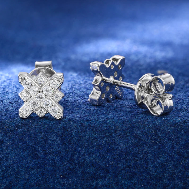 High Quality Unisex Full Ice Out Moissanite Cross Flower Stud Earring 925 Sterling Silver Plated 18K Gold Daily Ear Fine Jewelry