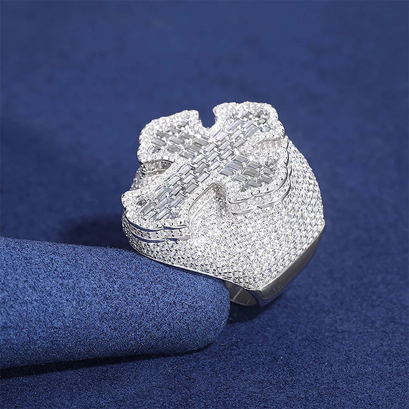 New Design Luxury Baguette Iced Out Cross Ring For Men 925 Sterling Silver Moissanite Diamond Finger Rings Hip Hop Party Jewelry