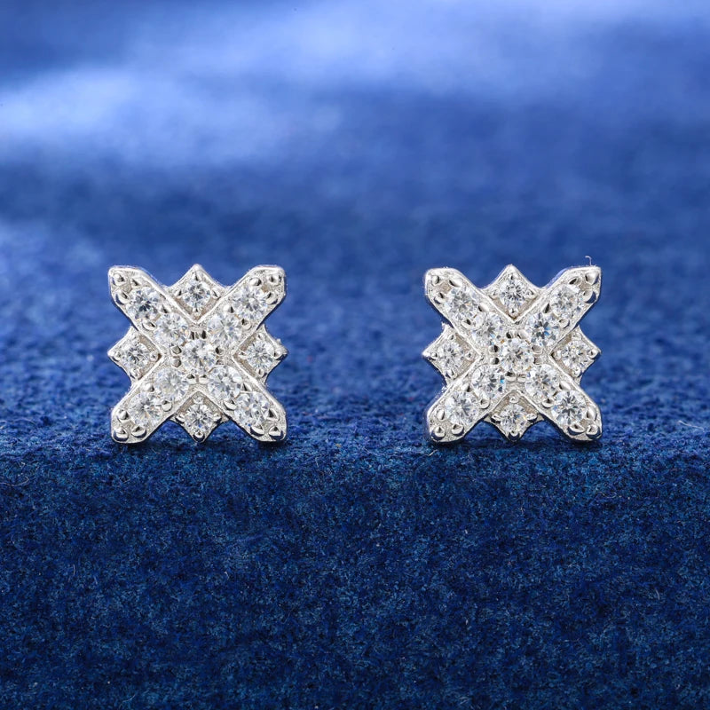 High Quality Unisex Full Ice Out Moissanite Cross Flower Stud Earring 925 Sterling Silver Plated 18K Gold Daily Ear Fine Jewelry