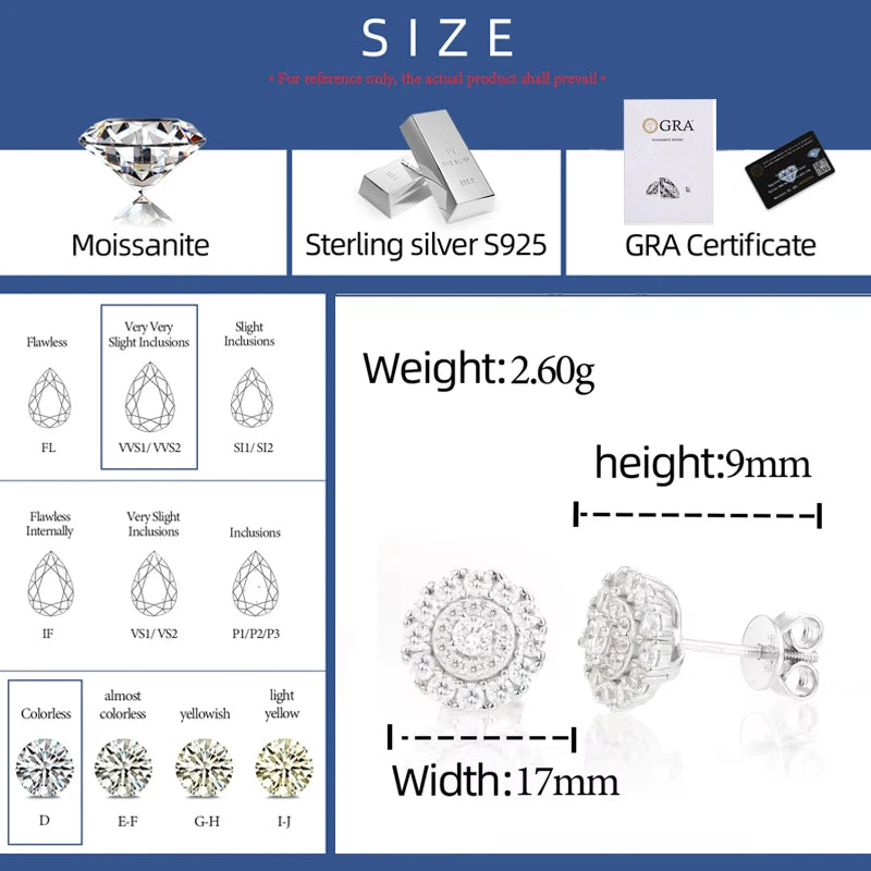 High Quality Simple Full D Color VVS Moissanite Stud Earring for Women Men Solid 925 Silver Ear Trend Wedding Party Jewelry Gift
