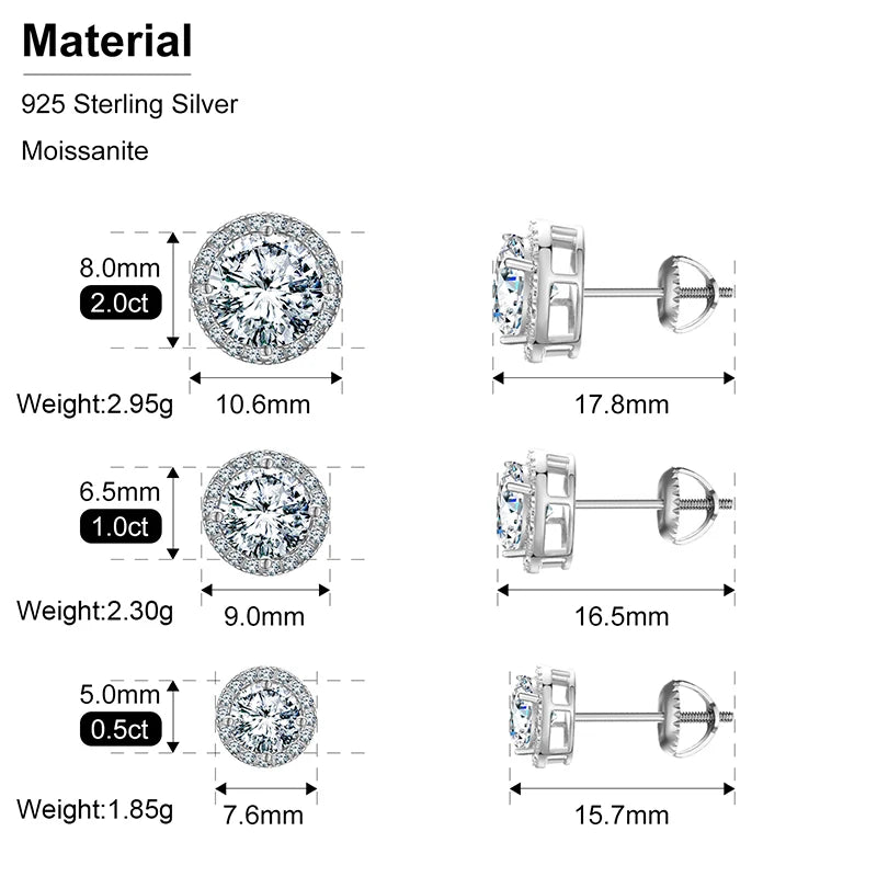 New 925 Sterling Silver D VVS1 Moissanite Stud Earrings For Women Round Earrings Engagement Wedding Daily Work Party Luxurious Gift