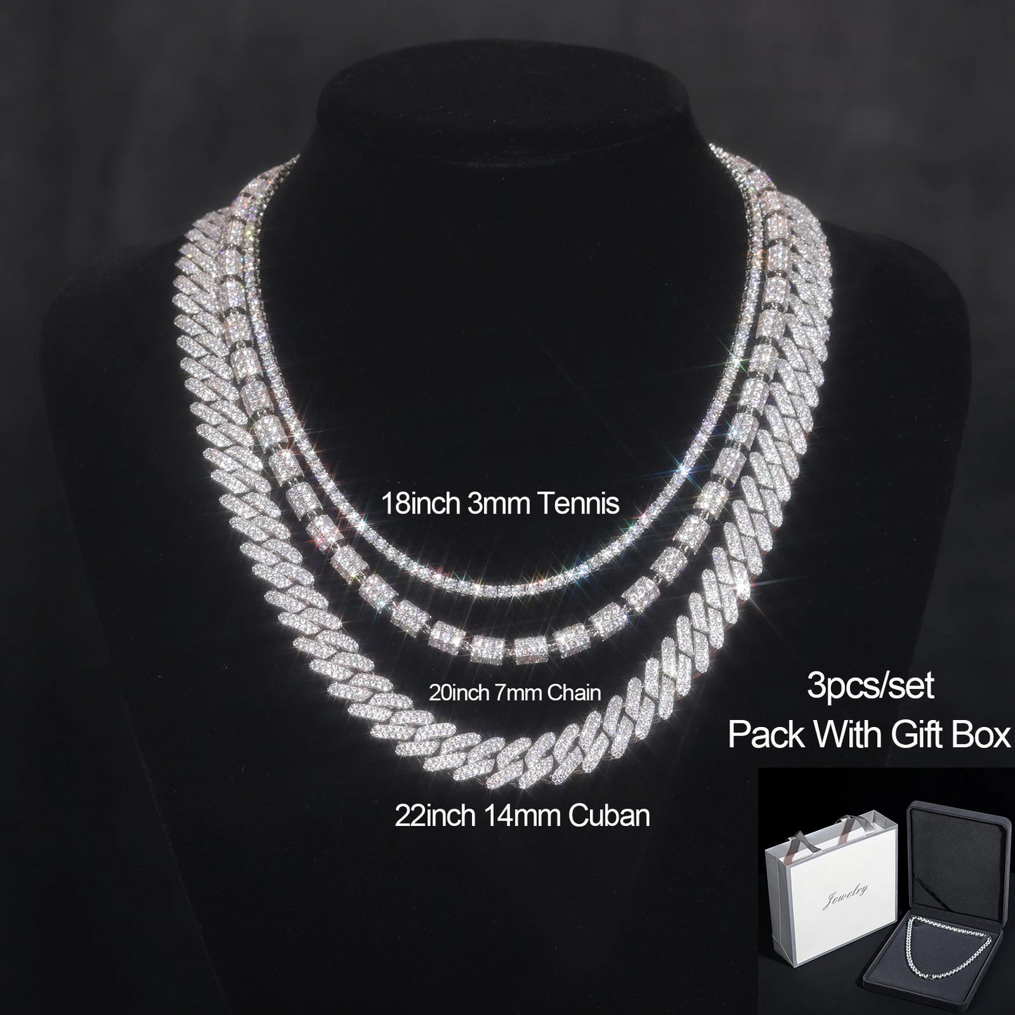 3pcs/set D VVS Moissanite Chain Necklace 925 Sterling Sliver For Man Women Christmas Party Hip Hop Jewelry Gifts Tennis Chain