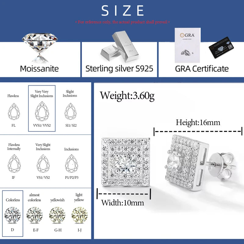 Hip Hop Classic Stud Earring for Men Women Iced Out D Color Moissanite 925 Sterling Silver Sparkling Earring Jewelry Accessories