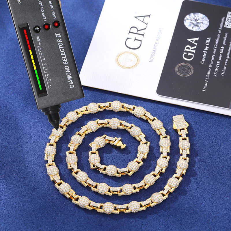 S925 Moissanite Iced Out Ball Link Chain Hip Hop Men Necklace Sterling Silver Bling Microw Paved Shining Wedding Party Gifts