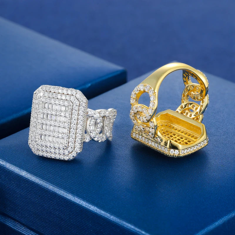 Luxury Certified Full Moissanite Miami Cuban Ring for Men Women 925 Sterling Silver 18K Gold Plated HipHop Jewelry Eternity Ring