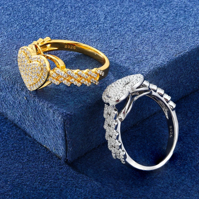 New Cuban Ring GRA Certified Full Moissanite Diamond Heart Ring for Men Women Real 925 Sterling Silver Hip Hop Band Ring Jewelry