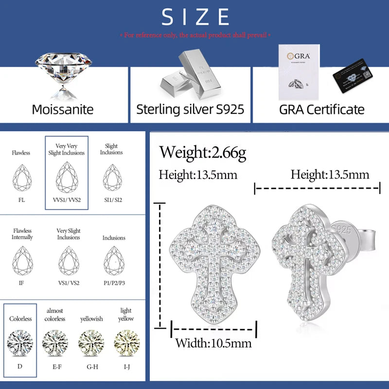 High Quality D VVS Moissanite Religious Cross Stud Earrings For Women Men 100% 925 Sterling Silver Hip Hop Wedding Party Jewelry