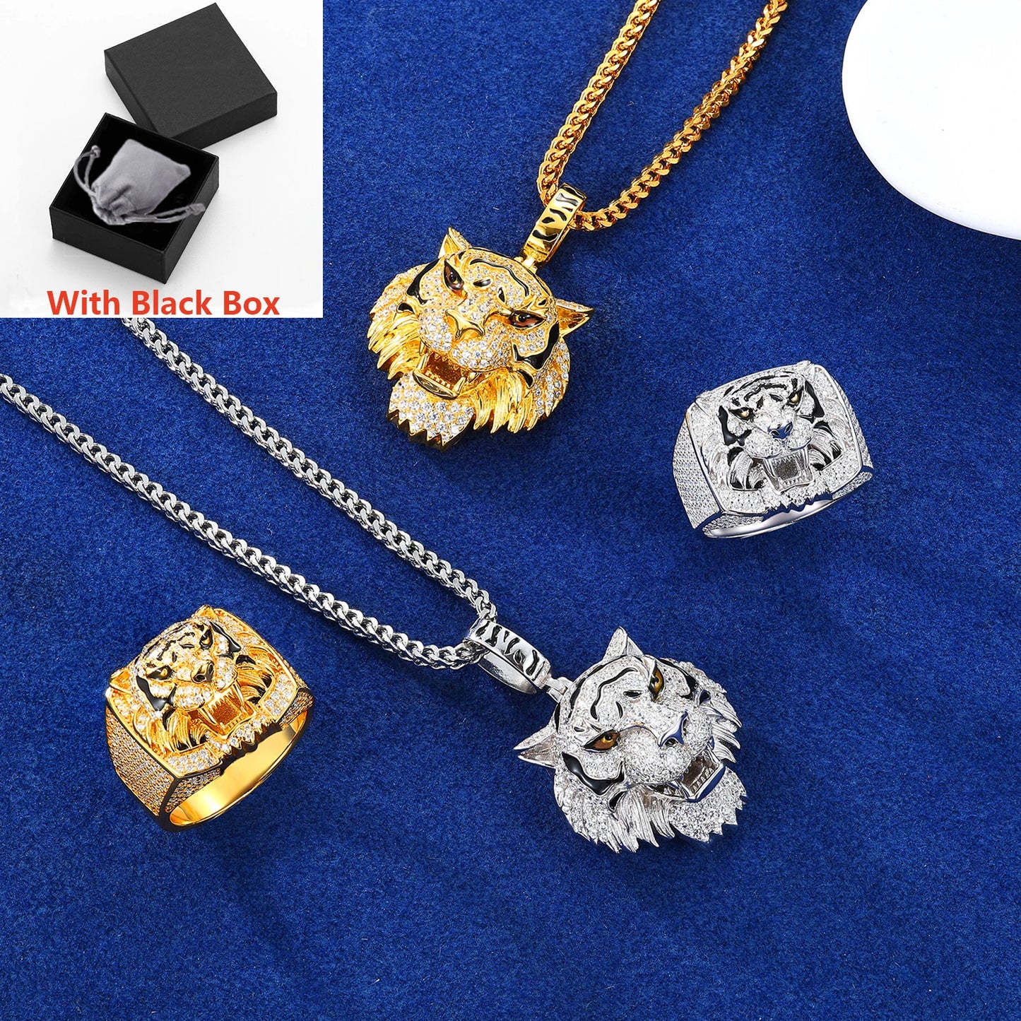 Hip Hop Full Moissanite Tiger Pendant Necklace Ring for Women Men 925 Silver Unisex Tiger Animal Luxury Jewelry Set Gifts Box