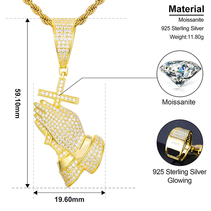 D Color Moissanite Bling Cross Pray Hand Pendant Necklace 925 Sterling Silver Hip Hop Jewelry Christmas Gift Passed Diamond Test