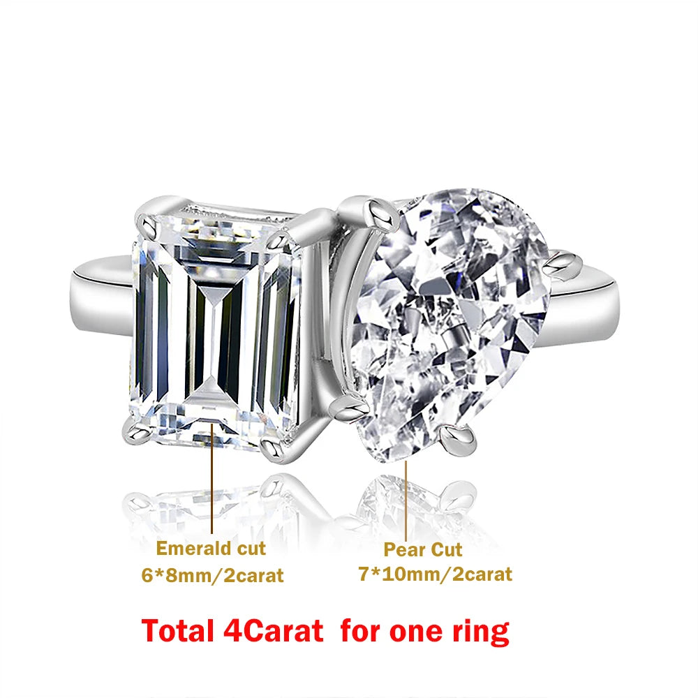 5cttw Pear&Emerald Cut Moissanite Diamond Engagement Rings for Women Two Stone 925 Sterling Silver Wedding Band with Certificate