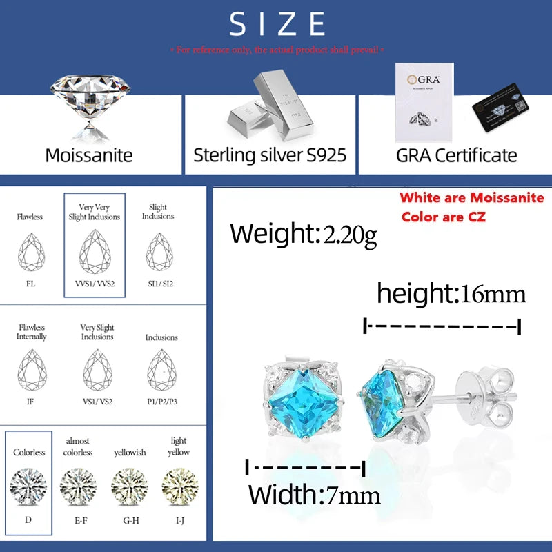 Bling 925 Sterling Silver Blue Asscher Cut Stud Earrings For Women Men Fine Hip Hop Wedding Party Ear Jewelry Accessories Gifts