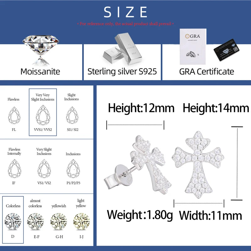 S925 Full Moissanite Cross Stud Earrings For Women/Men Hiphop Party Jewelry 100% 925 Sterling Silver Sparkling Wedding, Gift