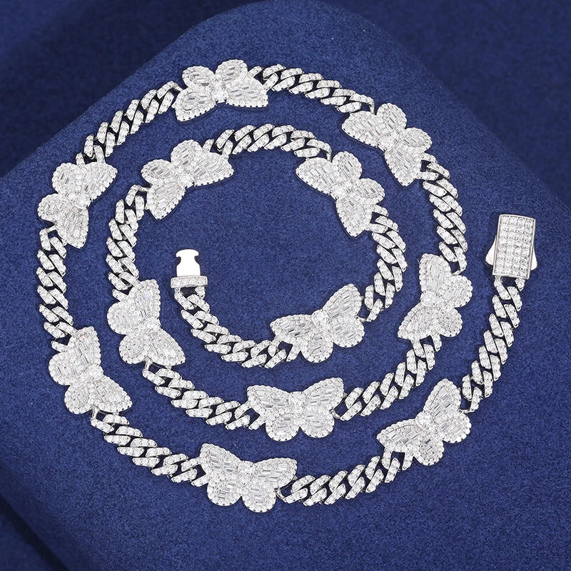 Hip Hop S925 Moissanite Iced Out Cuban Link Chain Butterfly Necklace For Women Men Miami Cuban Link Chain Jewelry Christmas Gift