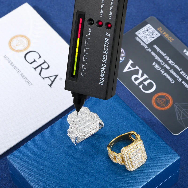 Luxury Certified Full Moissanite Miami Cuban Ring for Men Women 925 Sterling Silver 18K Gold Plated HipHop Jewelry Eternity Ring