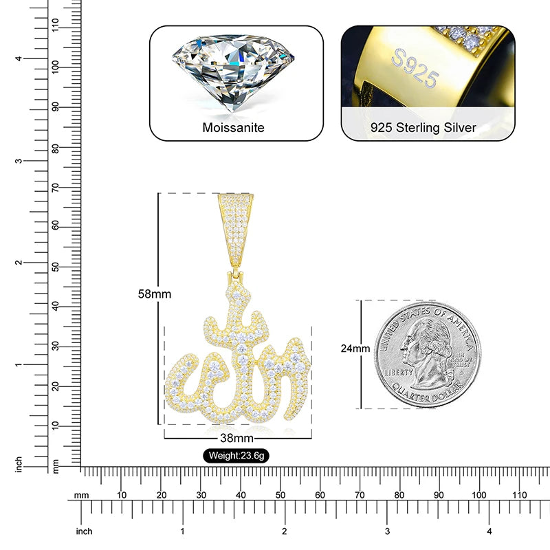 Moissanite Sparkling Islam Muslim Rune Pattern Pendant Allah Religious Necklace 925 Sterling Silver Men's Hip Hop Jewelry Gifts