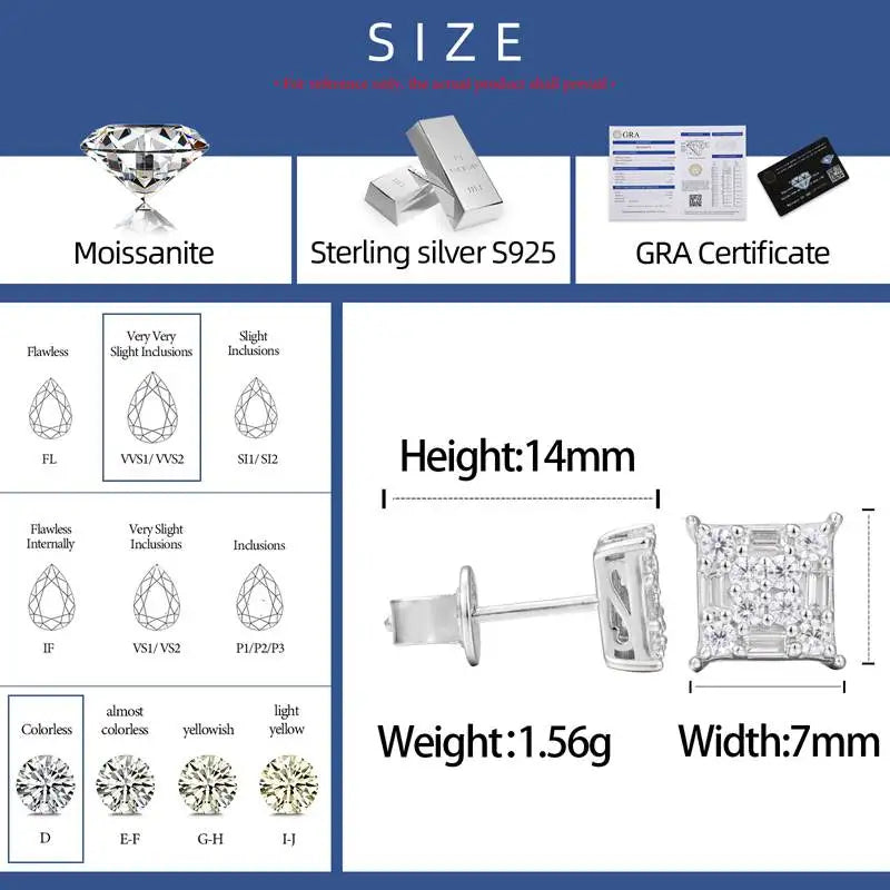 New Certified Baguettes Cut Moissanite Stud Earrings S925 Sterling Silver Geometric Earring for Men Women Pass Tester Jewelry
