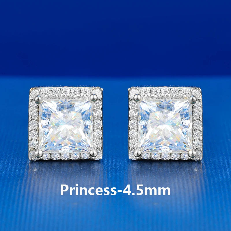 Pass Diamond Tester Moissanite Halo Stud Earrings For Woman Man 925 Sterling Silver Princess Cut Earrings Luxury Fine Jewelry