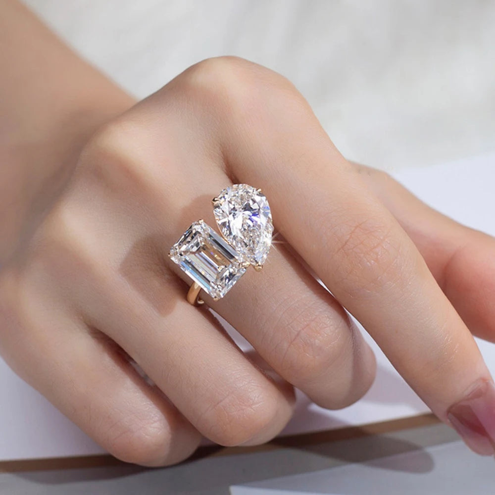 5cttw Pear&Emerald Cut Moissanite Diamond Engagement Rings for Women Two Stone 925 Sterling Silver Wedding Band with Certificate