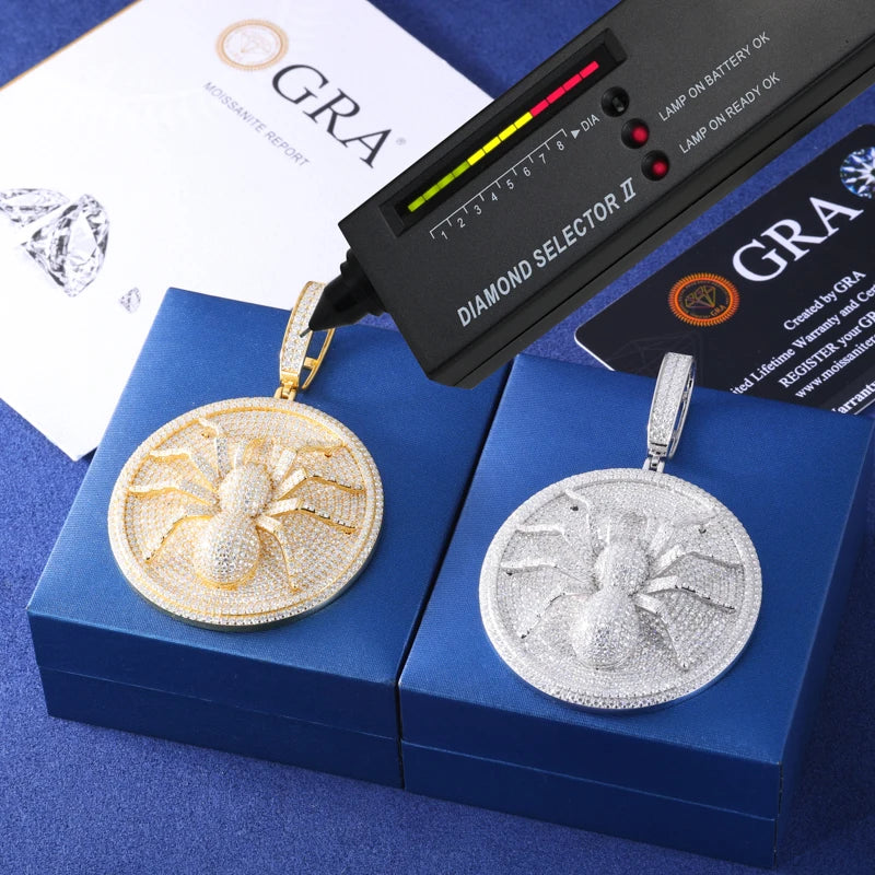 Luxury Hip Hop 925 Sterling Silver Spider Pendant for Men Iced Out Round Moissanite Charm Chain Passed Diamond Test Fine Jewelry