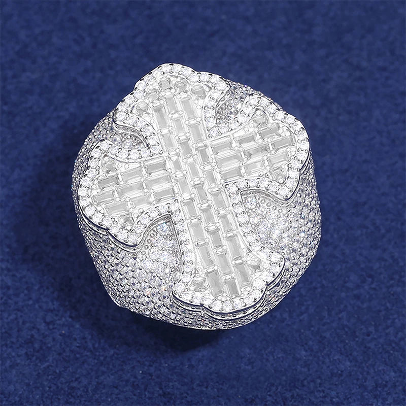 New Design Luxury Baguette Iced Out Cross Ring For Men 925 Sterling Silver Moissanite Diamond Finger Rings Hip Hop Party Jewelry